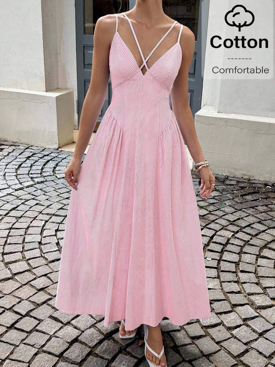 Siren Gaze 女士休闲度假风条纹印花交叉腰带连衣裙，夏季正式场合礼服，女士夏季连衣裙，女士正装，女士优雅经典连衣裙 - 粉色 - 查看 1