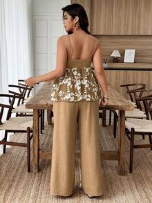 Weeklong Plus Size Women Casual Vacation Spaghetti Strap Square Neck Embroidered Ruffle Hem 2 Piece Set, Spring/Summer - Khaki - View 2