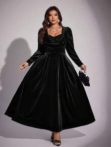 Viva Relle Plus Size Women Solid Color Sequin Patchwork Puff Sleeve Elegant Dress - Black - View 2