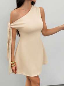 SHEIN Tall Chân váy peplum dáng chữ A ôm sát, thanh lịch, màu mơ, thắt dây vai bất đối xứng dành cho nữ. - Màu be - Xem 4