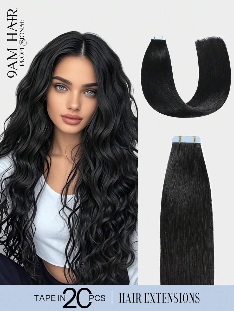 20Pcs 50Gram Tape In Hair Extensions Human Hair 18 Inch Remy Hair Extensions Color 1 Jet Black Fashion Tape In Extensions, Tape In Human Hair Extensions Add Length For Wedding - S1 - View 1