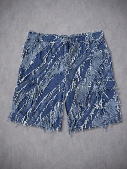 Manfinity Denimwave 男士美式提花流苏水洗蓝牛仔短裤