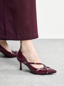 CUCCOO BIZCHIC 女鞋 女士尖头细高跟酒红色多条纹女式高跟鞋 日常百搭时尚通勤派对宴会女鞋 - 酒紅色 - 查看 5
