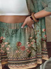 SHEIN VCAY Casual Vintage Leaf Pattern Loose Plus Size 2 Pieces Set, Suitable For Summer - Green - View 7