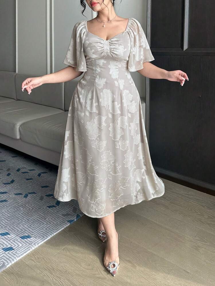 Dazy Plus Textured Fabric Square Collar Ruffle Sleeve Waist Cinched Elegant Long Dress, Spring/Summer Sundress