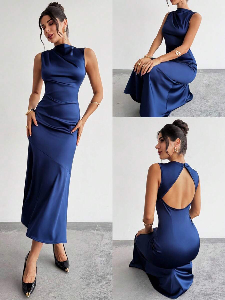 Firerie 女士休闲优雅露背高领连衣裙，缎面质感面料，藏蓝色，性感露背，新年礼服，派对礼服，毕业礼服，浪漫婚礼宾客礼服