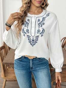 Louniche 女士春季休闲白色刺绣波西米亚风圆领半开襟长袖宽松复古碎花衬衫 - 白色 - 查看 4