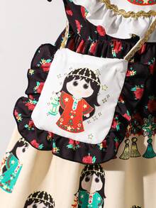 1pc Baby Girl Ruffled Sleeve Dress With Floral Print, Matching Bag, Cartoon Middle Eastern Girl Print Blue Jalabiya - Multicolor - View 4