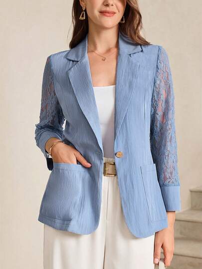 Miaspire Blazer de mujer con cuello de solapa, parches, encaje transparente y bolsillo, de manga media