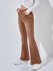 SHEIN PETITE 休闲水洗复古喇叭牛仔裤 - 咖啡棕 - 查看 3