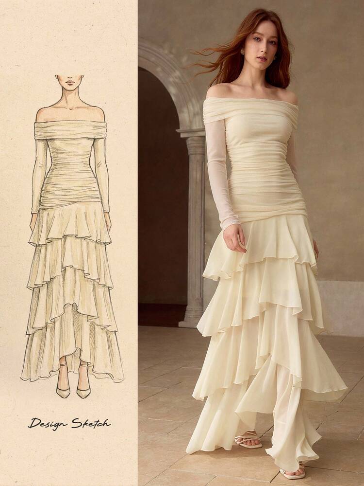 WOMEN'S PLEATED TEXTURED FITTED LONG DRESS, AUTUMN/WINTER