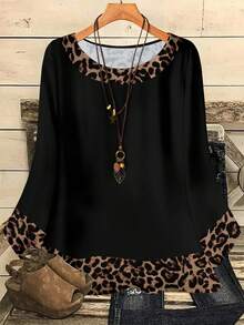 EMERY ROSE Women's Leopard Print Contrast Color Round Neck 3/4 Sleeve Blouse, Suitable For Spring/Summer Carnival,Casual - Multicolor - View 3