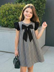 SHEIN Tween Girl Plaid Bow Accent Cap Sleeve A-Line Dress - Black and White - View 3