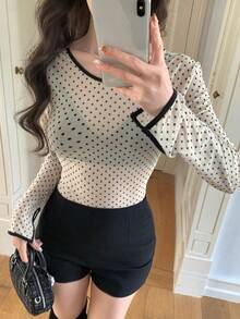 FRIFUL Women's Sheer Polka Dot Mesh Layered U-Neck Backless Slit Sleeve Slim Fit Blouse, Suitable For Spring - Beige - View 8
