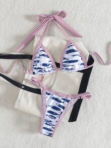 Swim Mod 女士时尚性感数码印花挂脖系带超三角比基尼上衣和可调节侧三角泳裤比基尼套装，春夏款 - 彩色 - 查看 5
