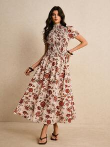 Poéselle 女士印花褶皱立领短泡泡袖优雅连衣裙，适合度假穿着 - 杏色 - 查看 1