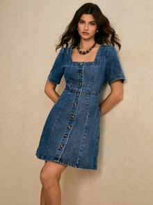 Poéselle 女士优雅法式泡泡袖收腰A字迷你连衣裙 - 中等水洗藍 - 查看 8