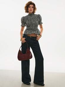 Poéselle Women's Casual Plaid Ruffle Hem Puff Sleeve Cotton  Blouse, Summer - Black - View 3