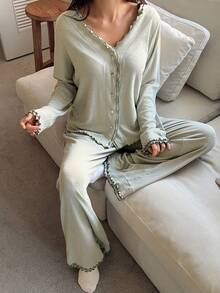 DAZY Green Minimalist Wavy Trim Comfortable Knit Women Pajama Set - Green - View 1