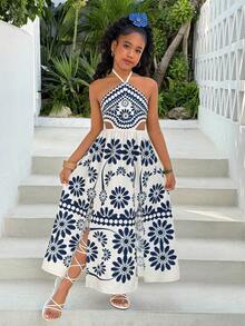 Vestido maxi de playa con estampado floral, espalda descubierta y cintura hueca para niña preadolescente, primavera/verano - Azul - Ver 3