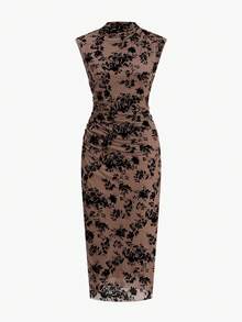 Ellevyn 无袖植绒提花连衣裙，优雅复古 - 棕色 - 查看 6