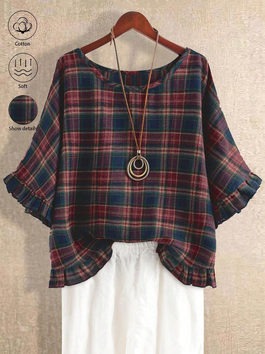 EMERY ROSE Áo sơ mi kẻ caro cổ tròn cỡ lớn thường ngày - Nhiều màu - Xem 1