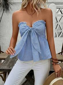 Breezaya 條紋印花露肩上衣，上襯荷葉邊，女性夏季風格