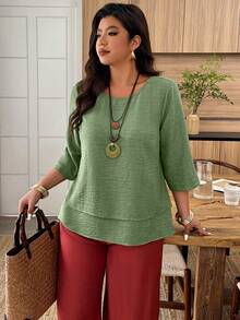 Weeklong 大码亚麻质感七分袖衬衫 - 圆领，双层下摆，宽松版型，休闲春夏衬衫 - 綠色 - 查看 6