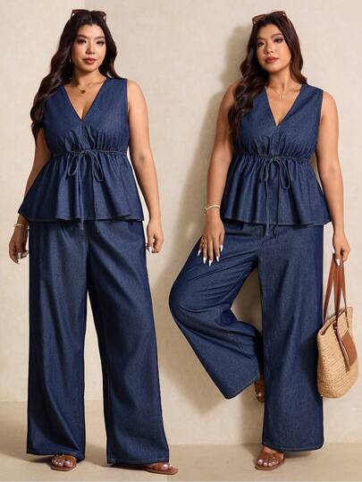 Elaquor Plus-Size Denim Two-Piece Set: Sleeveless Top + Comfortable Wide-Leg Pants, New Summer Set For A Casual Vacation Look, With Ruffled Design And A Comfortable Elastic Waistband.2-Piece Set