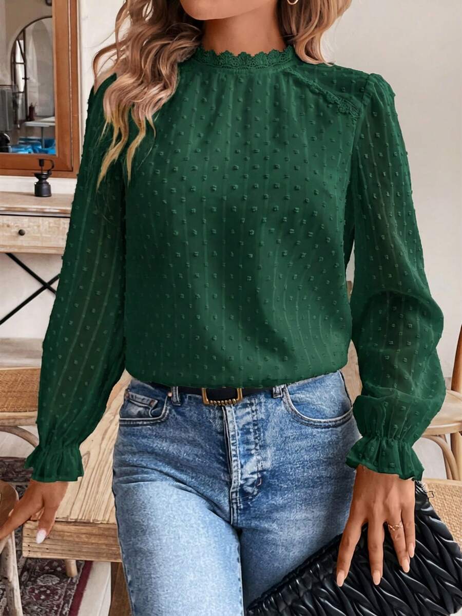 SHEIN Frenchy Áo sơ mi nữ kiểu dáng tối giản, họa tiết chấm bi Thụy Sĩ phối ren, thích hợp mặc mùa thu. - màu xanh lá - Xem 1