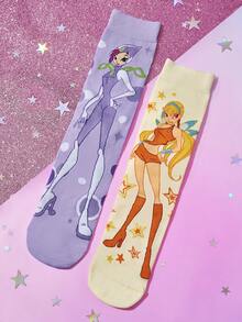 The Winx X SHEIN 3双装女士/女孩不配对袜子，柔软透气吸湿，休闲中筒袜，甜美卡通图案，时尚可爱糖果色船袜，加固袜头和袜跟，经久耐穿，四季皆宜，夏季/冬季百搭，图案袜子，Y2K风格 - 彩色 - 查看 12