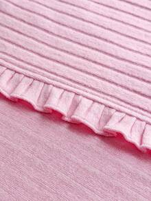 SHEIN Women Cotton Rib Knit Ruffle Detail Short Sleeve Homewear Lounge Robe - Pink - View 3