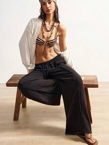 Bohemela 女士休闲纯色梭织宽松水洗裤 - 黑色 - 查看 2