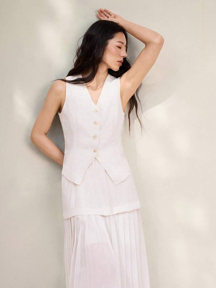 2pcs Women Solid Color Sleeveless V-Neck Vest Jacket & Pleated Skirt Casual Elegant Autumn Suit