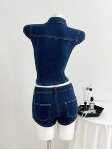 Elamini 女士夏季时尚前扣翻盖口袋牛仔衬衫 - 深色水洗藍 - 查看 2