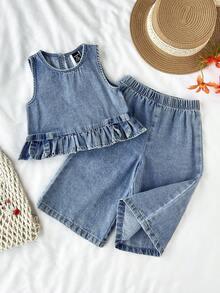 SHEIN LMoss Kids 2pcs Baby Girls Denim Ruffle Trim Vest And Loose Pants Set, Blue - Light Wash - View 1