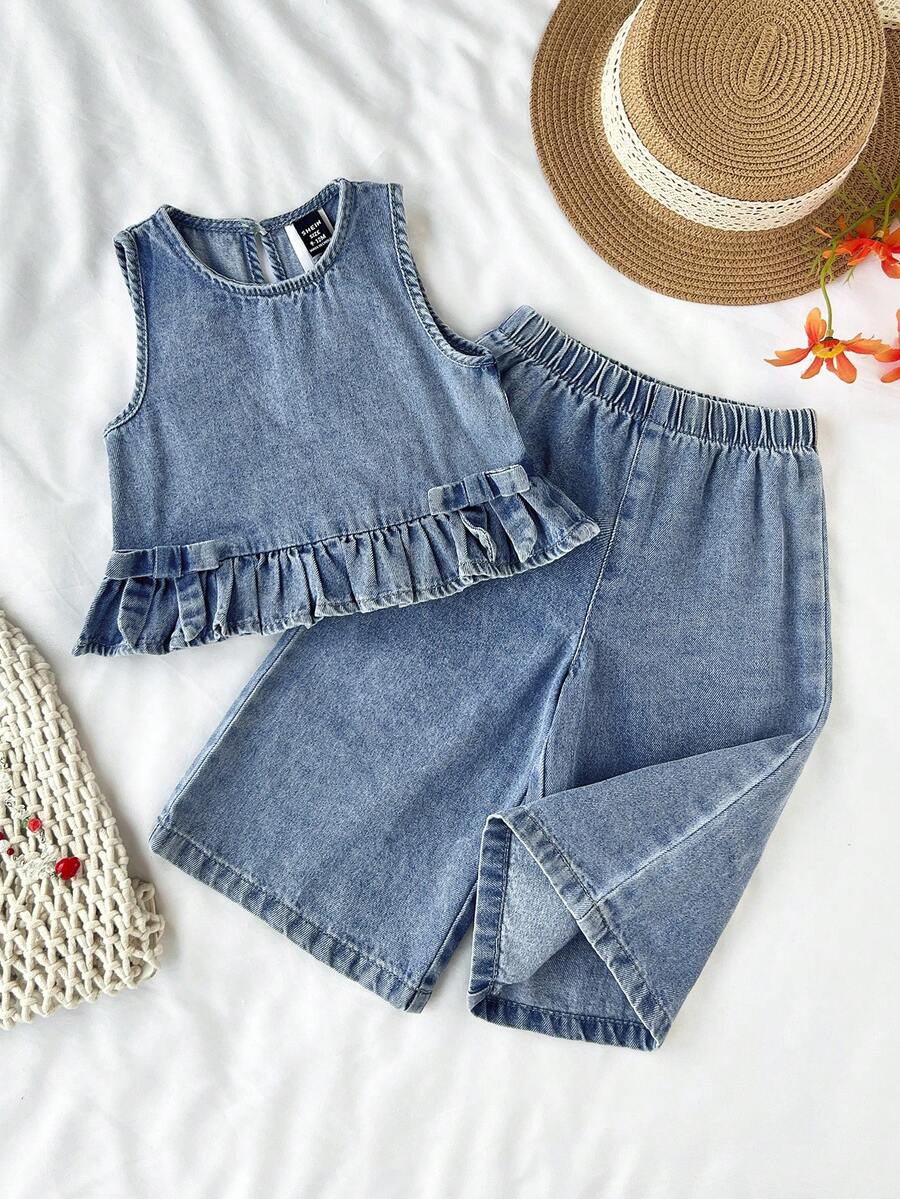 SHEIN LMoss Kids 2pcs Baby Girls Denim Ruffle Trim Vest And Loose Pants Set, Blue - Light Wash - View 1