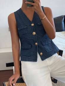 DAZY Women's Textured V-Neck Sleeveless Elegant Vacation Denim Jacket And Coat, Spring/Autumn - Blue - View 6