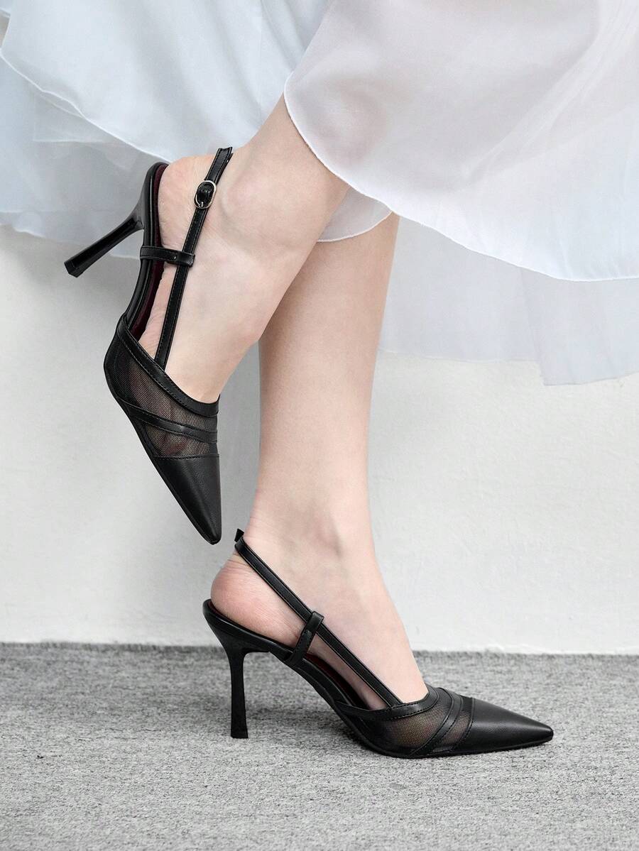 CUCCOO BIZCHIC 优雅女士露跟高跟鞋,网眼拼接T字带设计,尖头细高跟鞋 - 黑色 - 查看 1