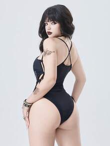 ROMWE Goth 女士暗黑哥特风沙滩度假吊带泳衣 - 黑色 - 查看 2