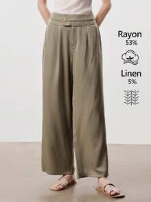 SHEIN LUNE Women's Elegant Chic Linen Blend Casual Pants With Waist Tie, Metal Buckle Decor, Pockets, Suitable For Party, Work, Vacation, Spring/Summer - Khaki - View 7
