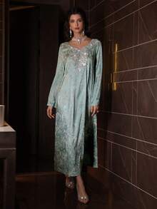 Al Najma Women's Green Woven Jacquard Long Sleeve Embroidered Collar Floral Elegant Arabic Dress - Green - View 4