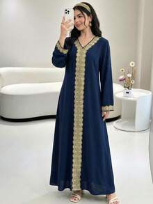 SHEIN 少女蓝色纯色V领金色贴花缎带长裙，度假装，春夏休闲连衣裙，春秋女童连衣裙，日常穿着，阿拉伯长袍，优雅 - 藏蓝色 - 查看 1