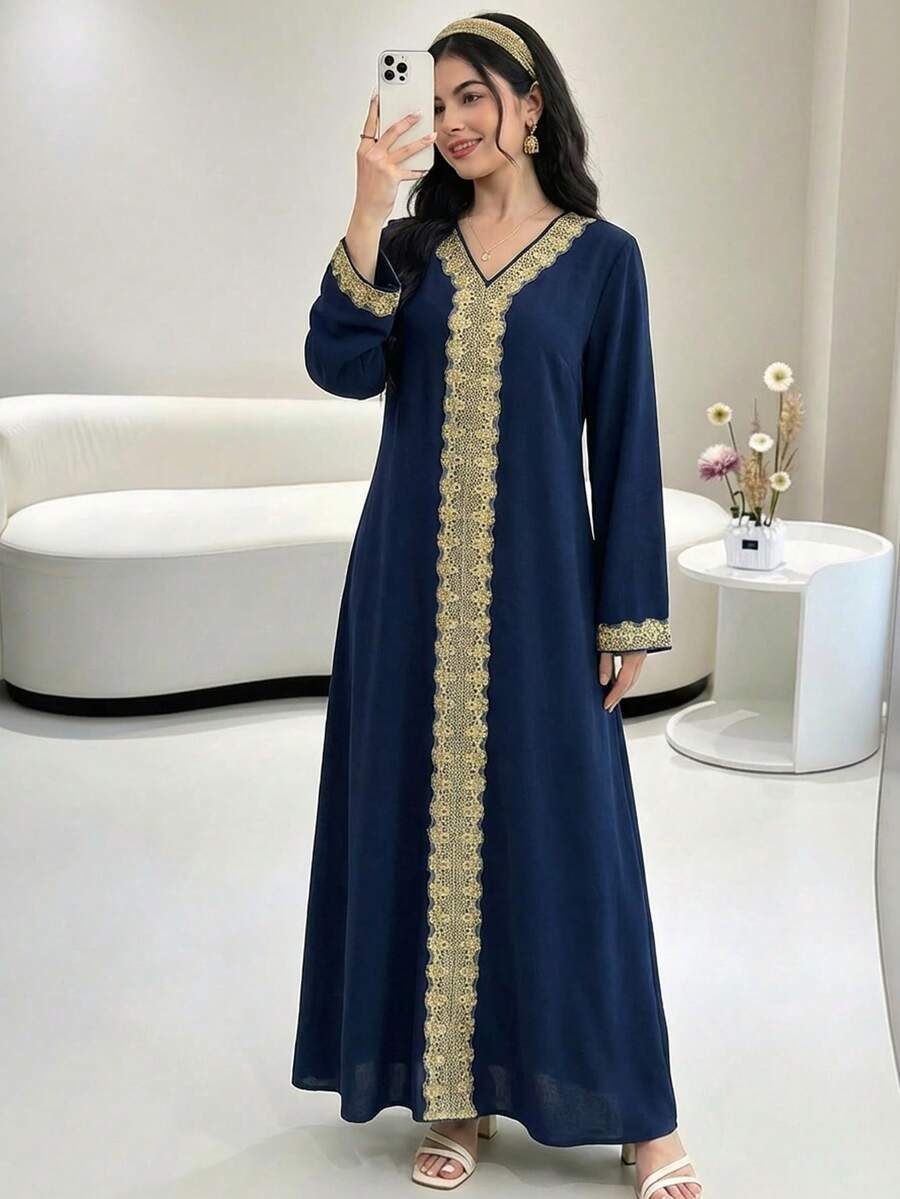 SHEIN 少女蓝色纯色V领金色贴花缎带长裙,度假装,春夏休闲连衣裙,春秋女童连衣裙,日常穿着,阿拉伯长袍,优雅 - 藏蓝色 - 查看 1