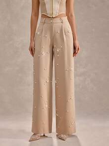 CLARA VERO Women's Solid Color Pleated Waist Belt Loop Wide Leg Pants, Elegant With Pearl Decor - Apricot - View 4