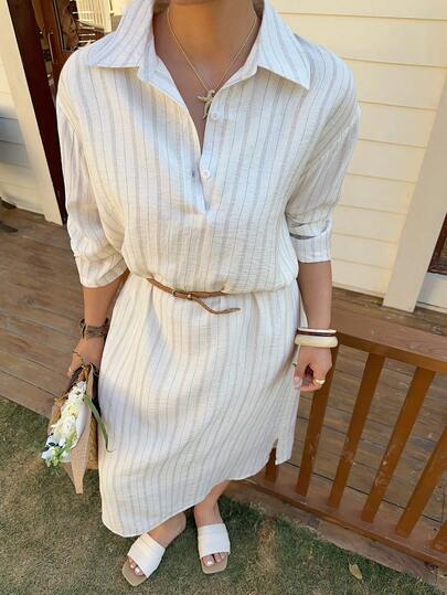 Dazy Plus Casual Fashion Turndown Collar Half-Open Striped Loose Shirt Dress, Long Casual Plus Size Women Dress, Spring/Summer Maxi Dress Sundress