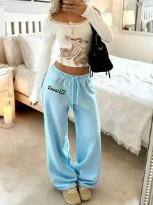 CovetEZ 女士休闲刺绣蓝色抽绳运动裤 - 藍色 - 查看 2