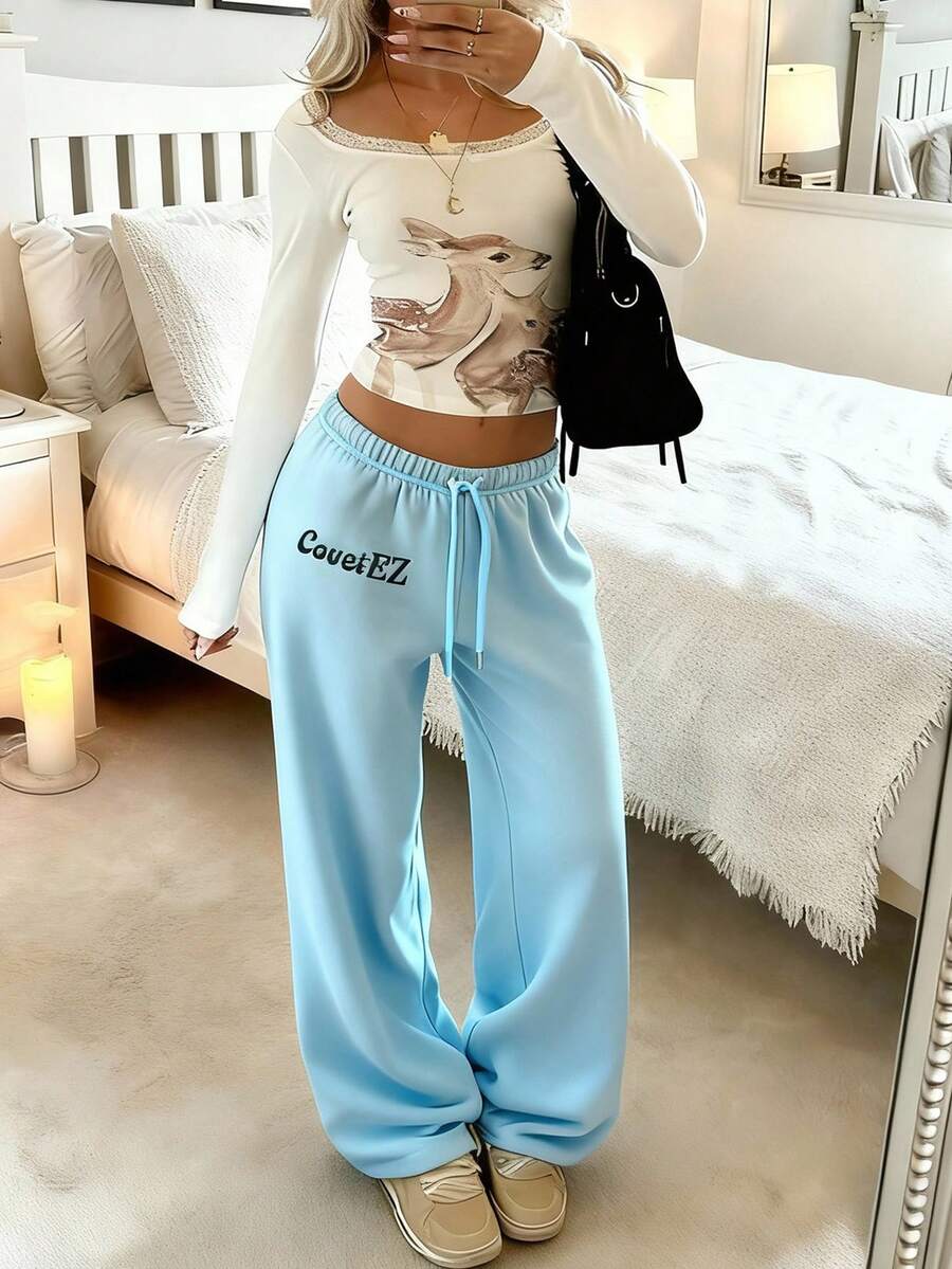 CovetEZ Women's Casual Embroidered Blue Drawstring Sweatpants - Blue - View 1