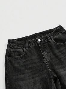 ROMWE J-Fashion 男女皆宜的复古嘻哈亚文化鲤鱼花卉刺绣宽松阔腿牛仔裤 - 黑色 - 查看 4
