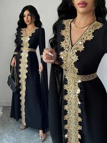 Elenzga Women's Elegant V-Neck Floral Lace Trim Waist Flared Maxi Abaya Dress, Solid Black/Gold, Early Spring - Black - View 1